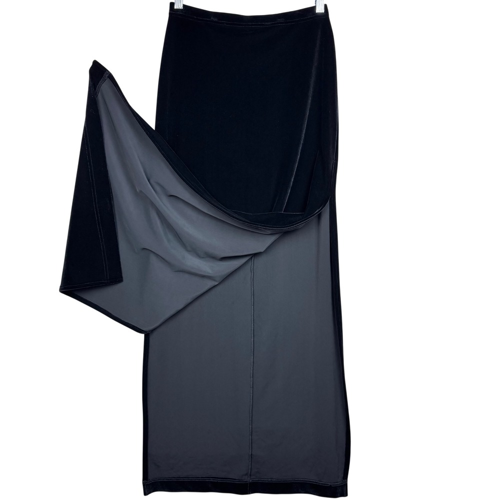 Vintage 90s Tadashi‎ Black Velvet Maxi Skirt High Side Slits Size S Made in USA